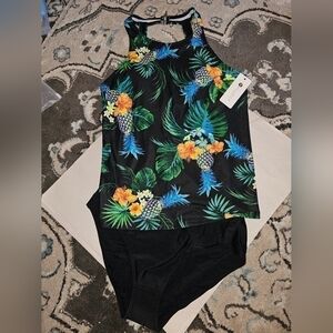 HOLIPICK 2 pc BIKINI BLACK TROPICAL SZ L NEW "V"